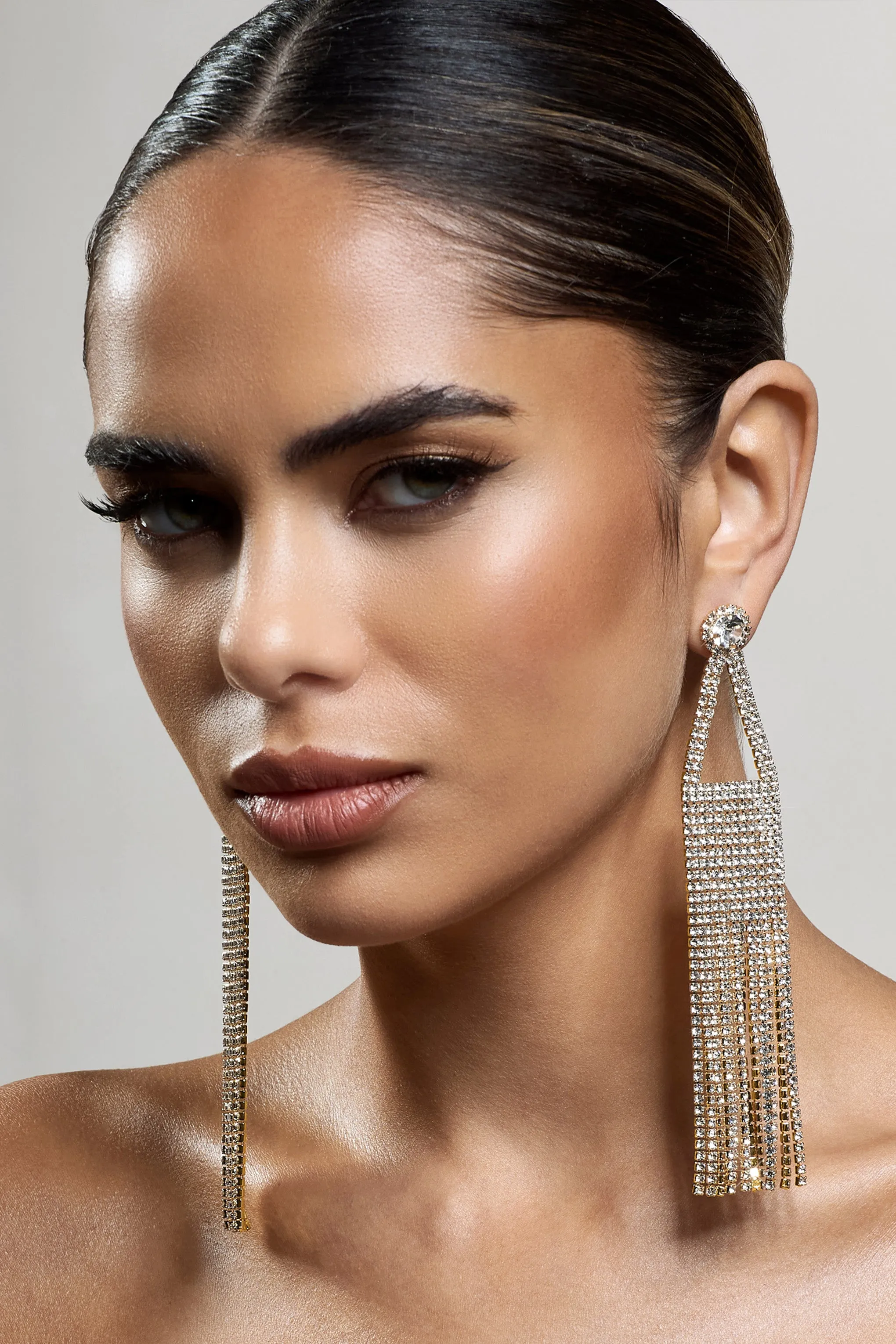 Glister | Gold Diamante Statement Tassel Earrings Club L London