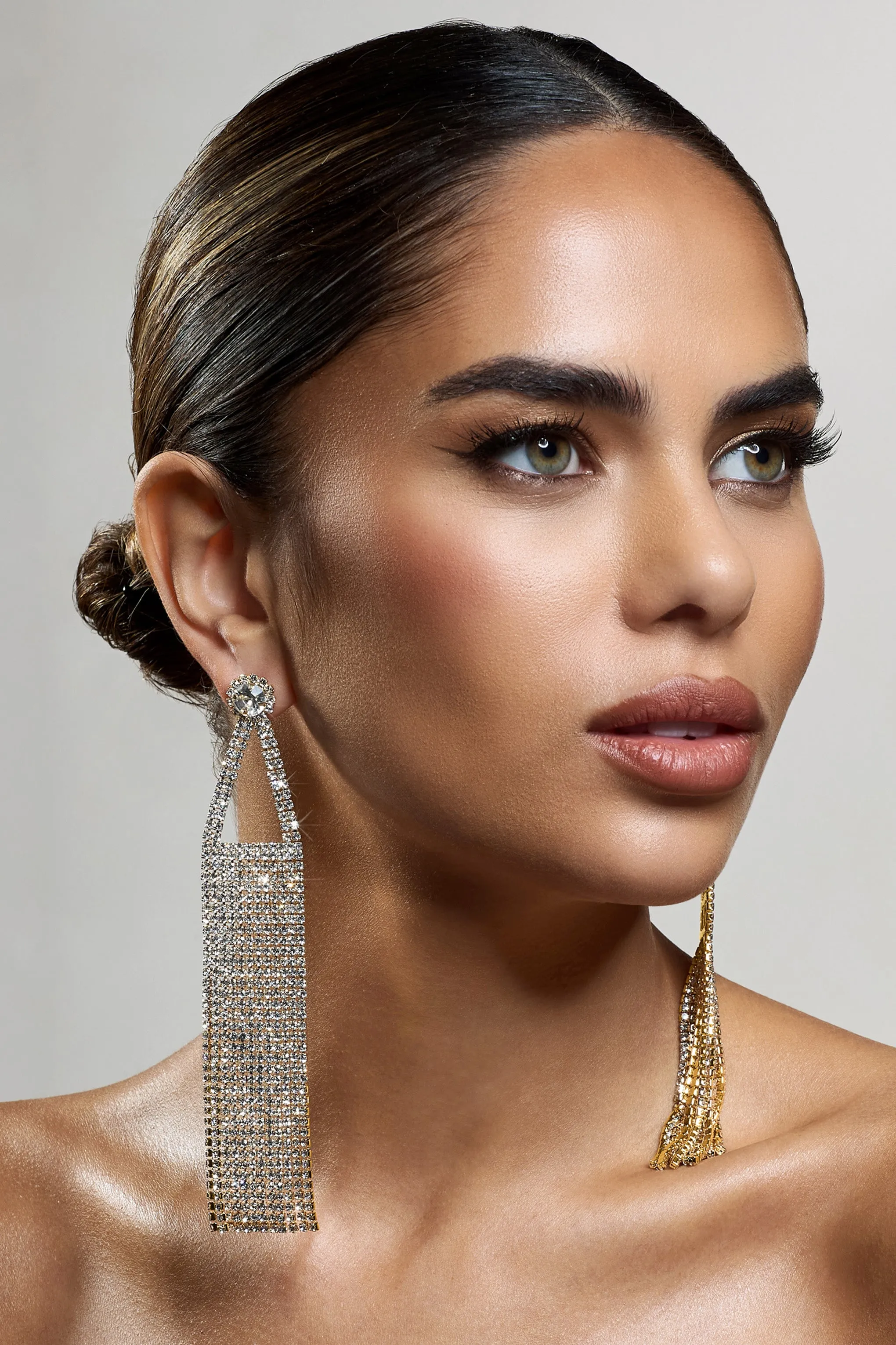 Glister | Gold Diamante Statement Tassel Earrings Club L London