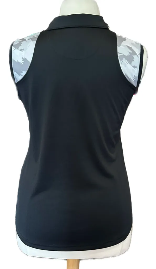 New Pebble Beach Black Sleeveless Golf Polo w/ Gray/White Camo Trim Size L