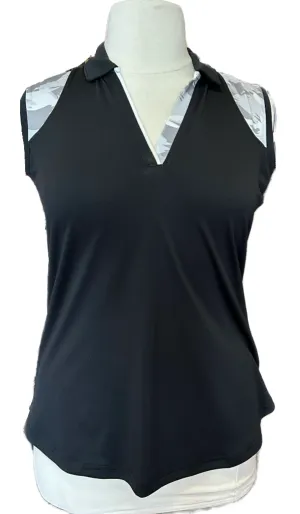 New Pebble Beach Black Sleeveless Golf Polo w/ Gray/White Camo Trim Size L