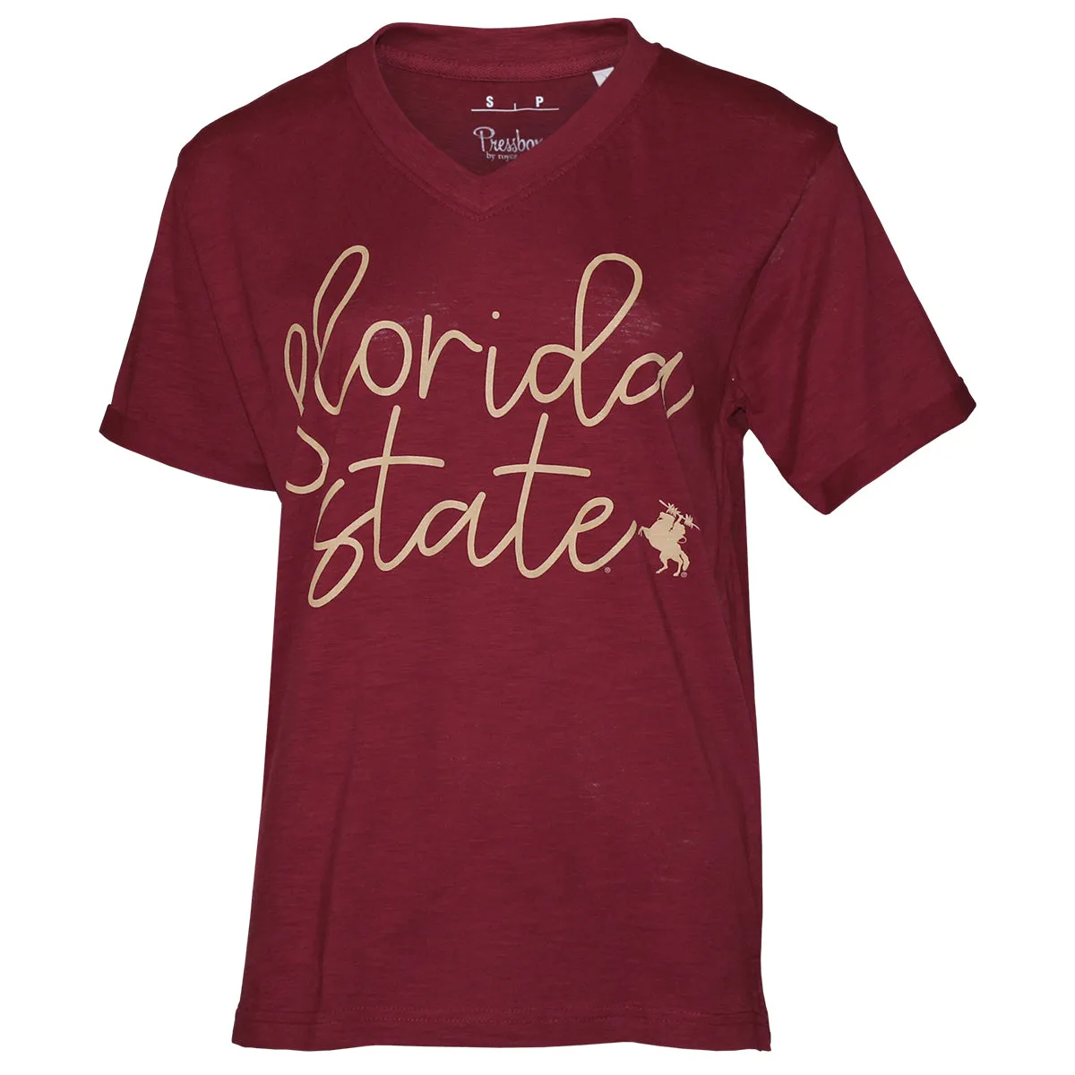 Pressbox Women's Florida State/Unconquered Silhouette Short Sleeve V-neck Relaxed Fit Slub T-shirt - Garnet