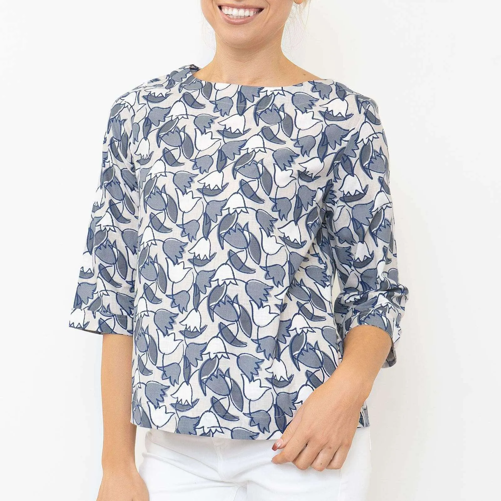 Seasalt Womens Tregarthen Grey Tulip 3/4 Sleeve Relaxed Casual Tops