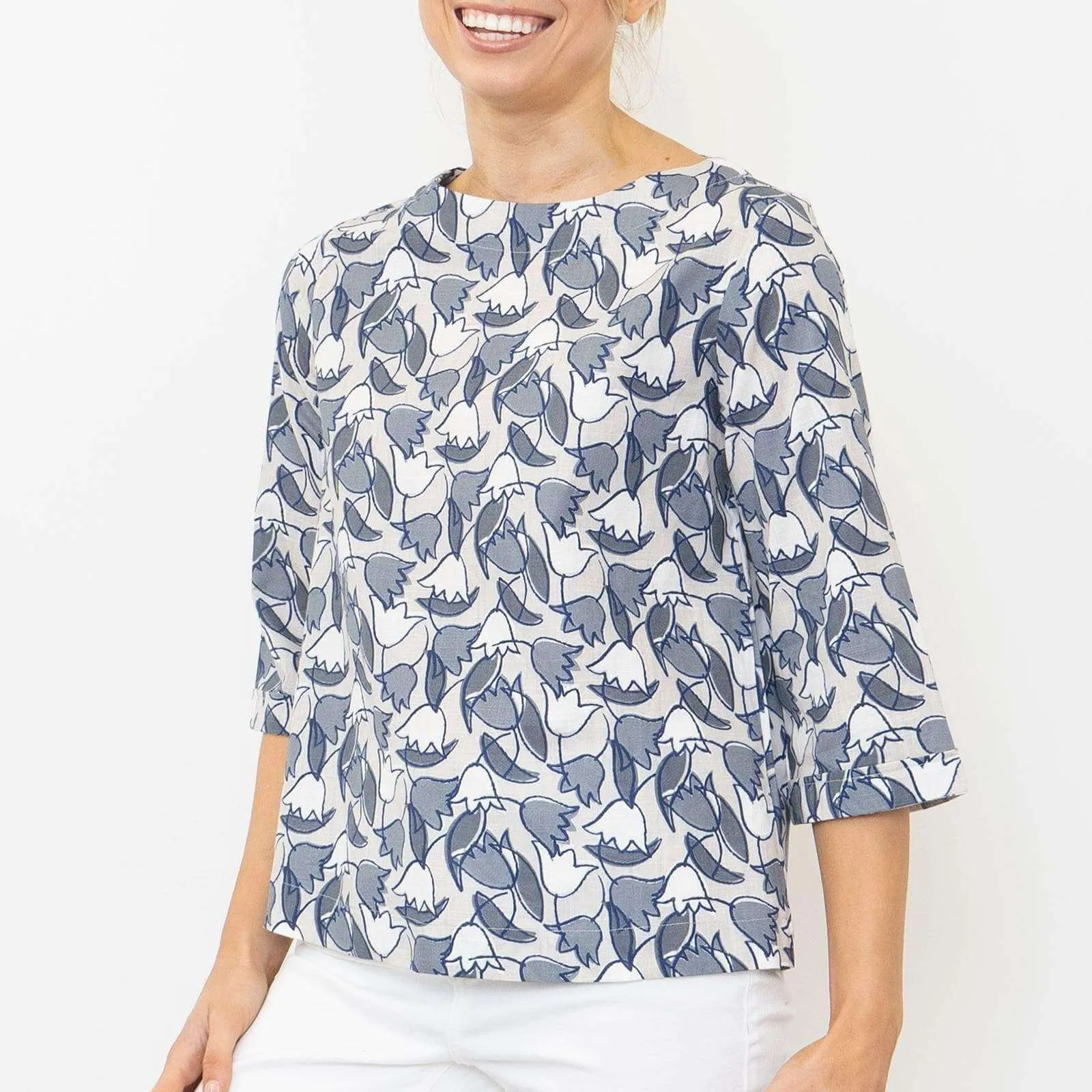 Seasalt Womens Tregarthen Grey Tulip 3/4 Sleeve Relaxed Casual Tops