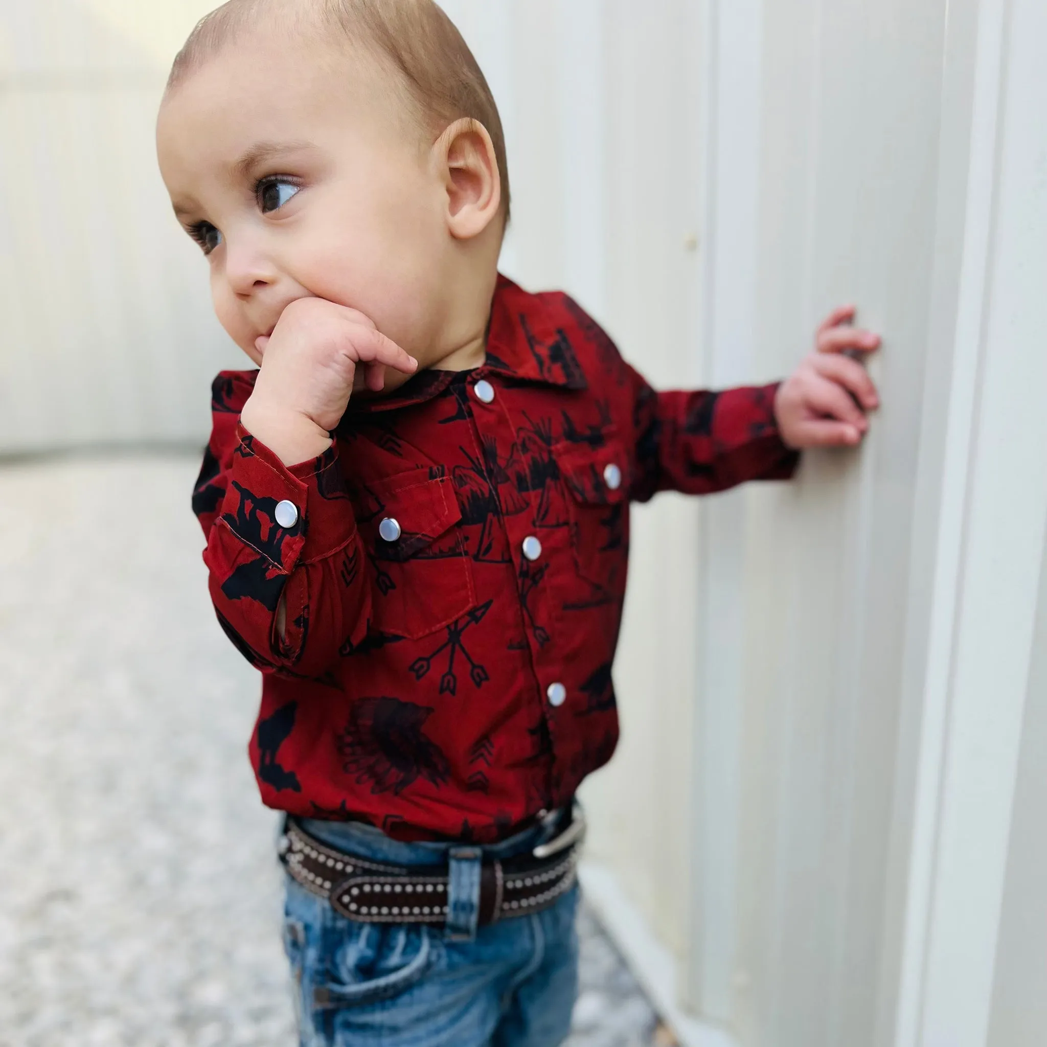 Shea Baby Rust Indian Print Long Sleeve Button Down