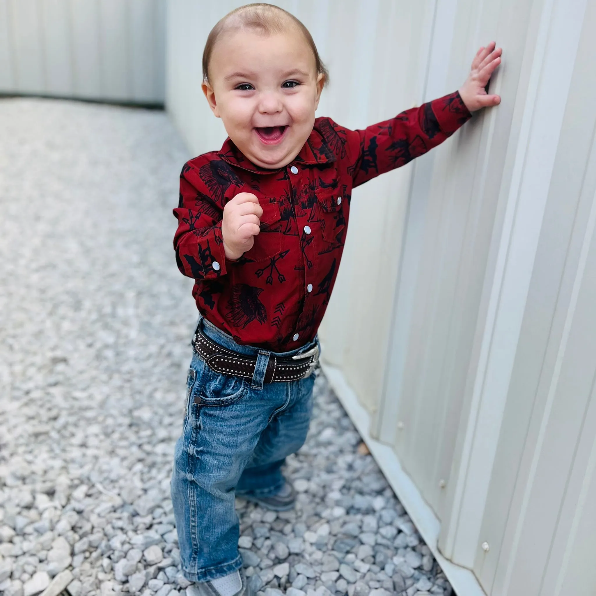 Shea Baby Rust Indian Print Long Sleeve Button Down