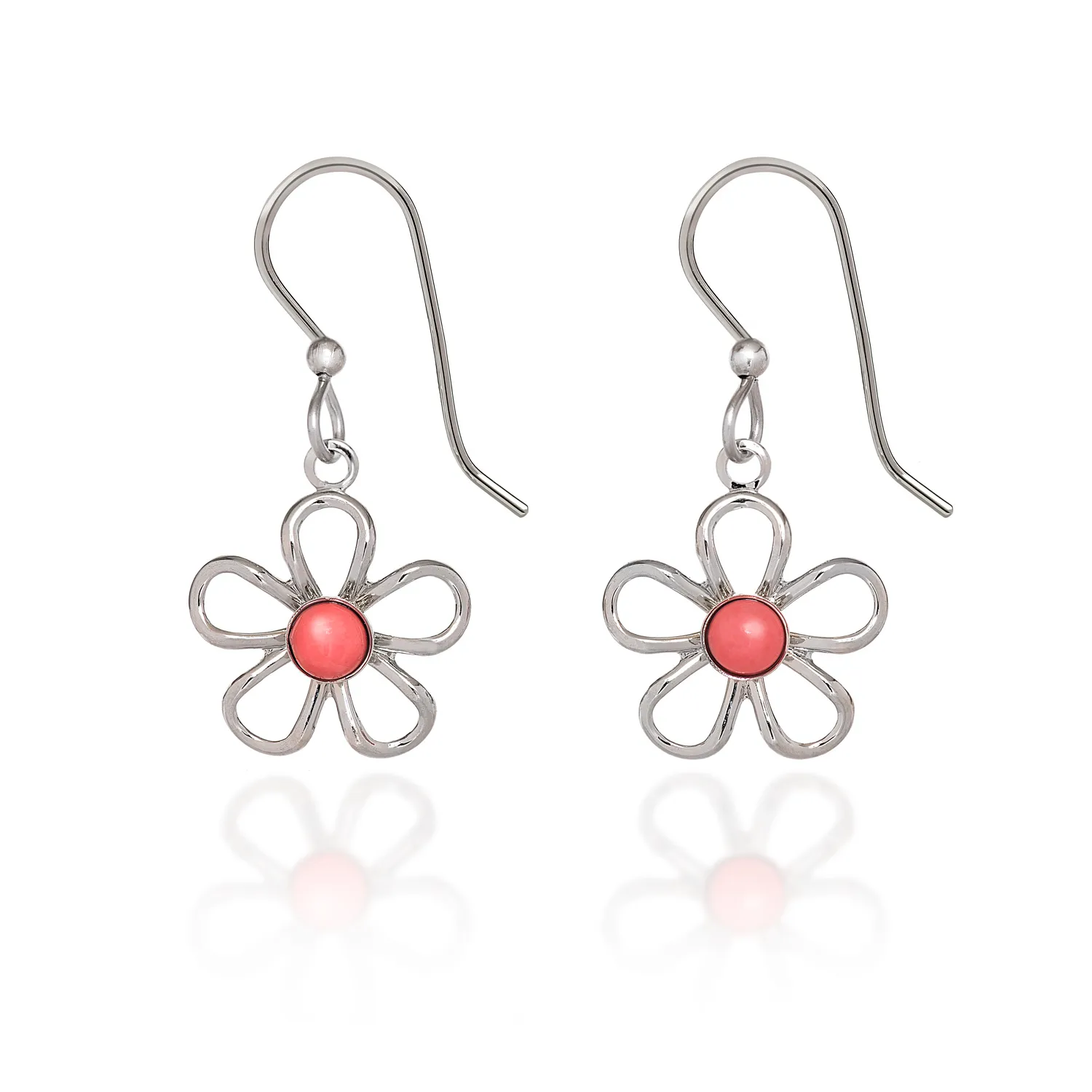 Silver Forest Silver Wirey Flower Pierced Earrings with Pink Coral Howlite Stone
