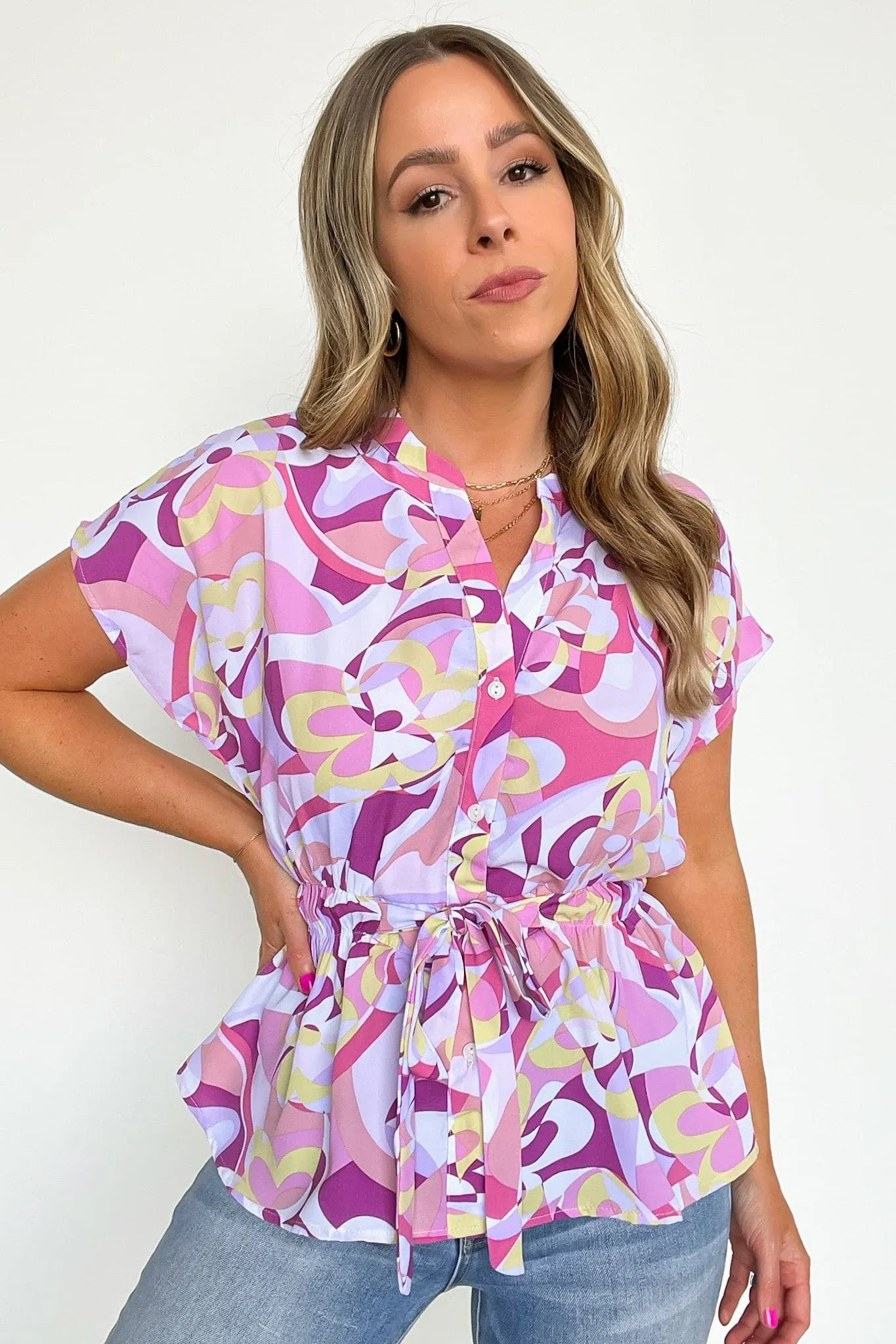 Vidah Abstract Print Waist Tie Peplum Top - FINAL SALE