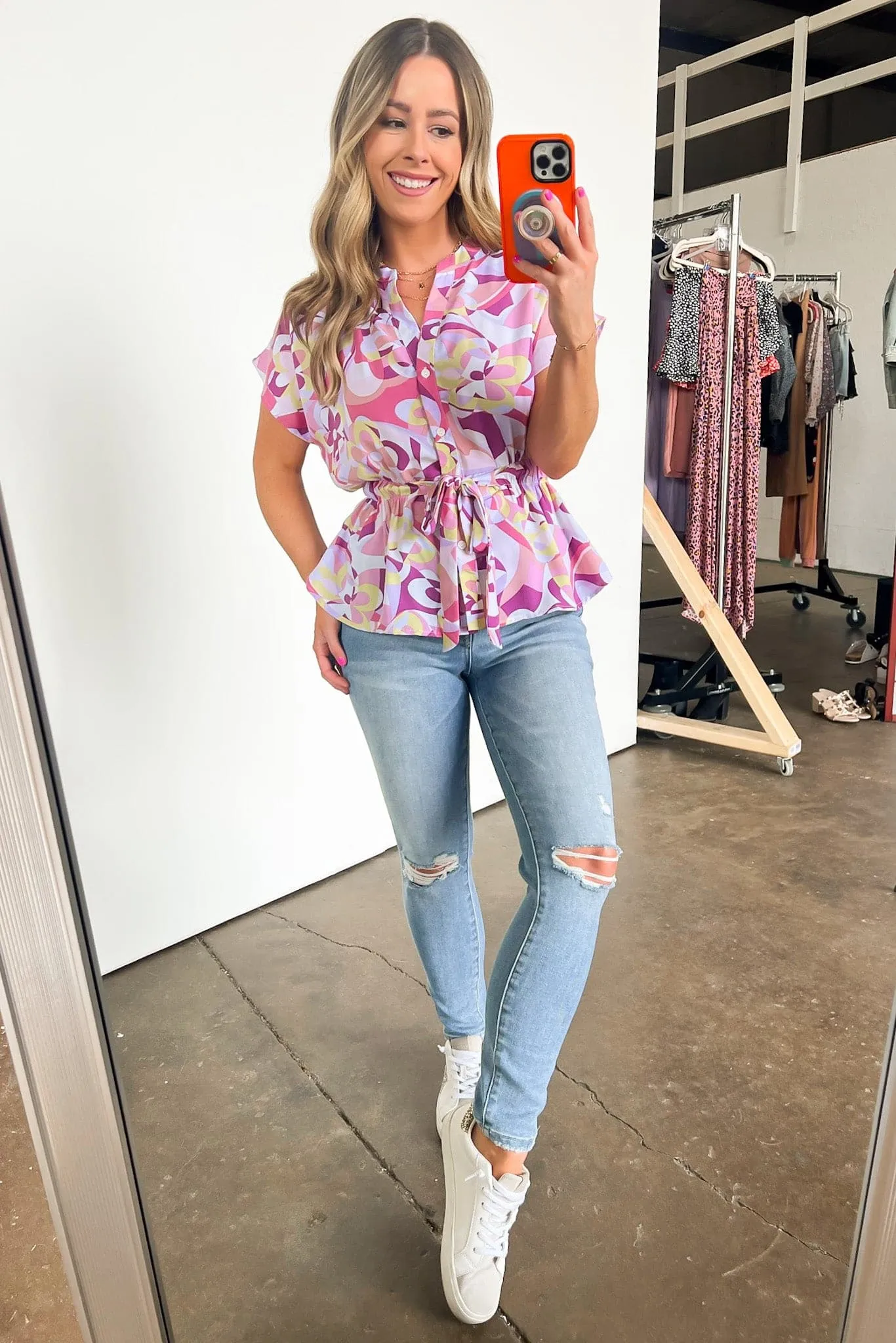 Vidah Abstract Print Waist Tie Peplum Top - FINAL SALE